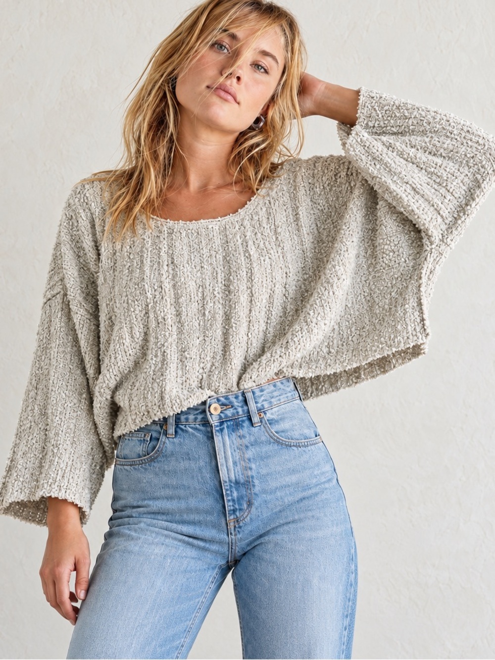 Free People Bouclé Knit Cropped Sweater Oatmeal Sage Bell Sleeve Boho